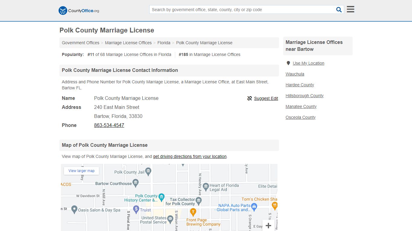 Polk County Marriage License - Bartow, FL (Address and Phone)